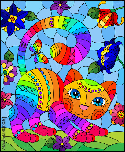 Stained glass illustration with a cute cartoon cat on a background of flowers, fields and sky
