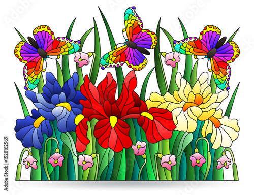 Stained glass illustrations with iris flowers and butterflies, compositions isolated on a white background