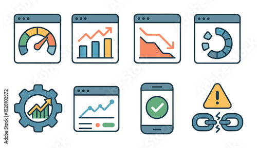 Website performance tools isometric set. site speed meter, analytics dashboard, bounce rate graph, page load spinner, SEO optimization icon, traffic report