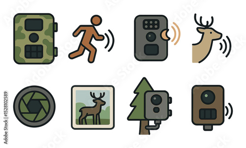 Wildlife Camera Concept isometric set. Camouflage trail cam, motion trigger icon, infrared night cam, animal detection symbol, nature lens, wildlife shot