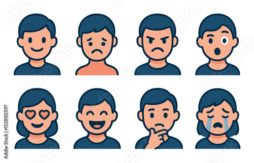Emotions and expressions isometric set. happy person, sad face, angry figure, surprised expression, love emoji face, laughing avatar, thinking pose, person