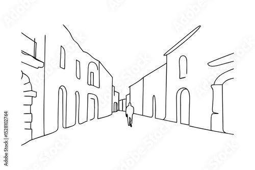 Simple line drawing of a person walking down a narrow street between old buildings