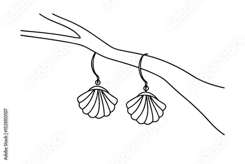 Elegant shell earring line drawing on branch