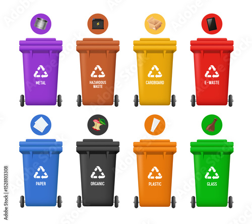 Recycling Bins. Containers for different types of garbage. Containers of different colors. Vector llustrations