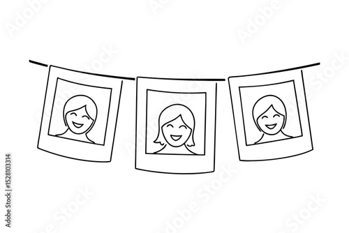 Happy women photos hanging on a line drawing