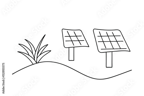 Simple line drawing of solar panels and grass