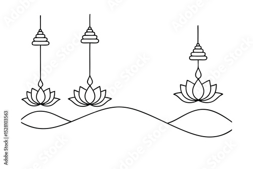 Three lotus flowers hanging line drawing minimalist design