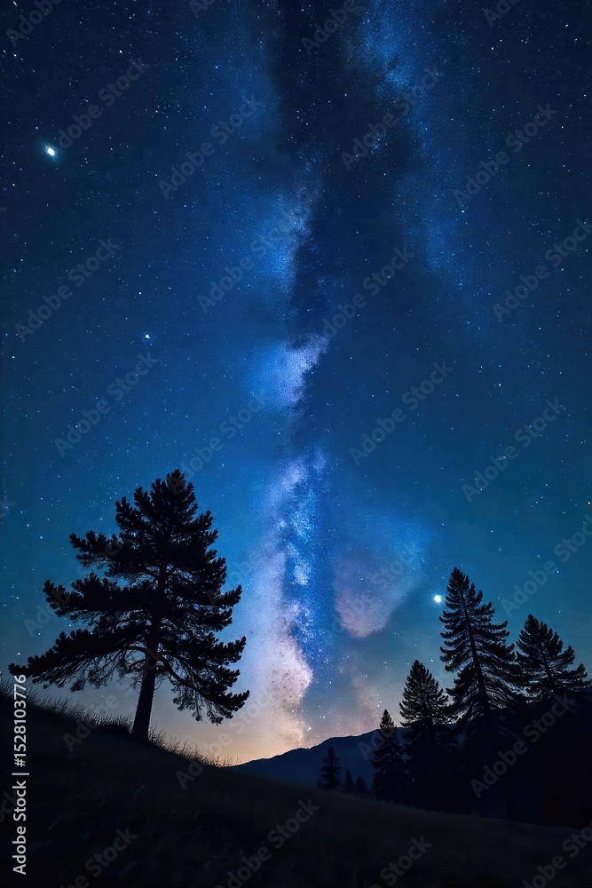 Fototapeta premium Silhouetted trees against a star-filled night sky, conveying serenity and the mystical feeling of a spiritual journey under the celestial dome , mystical, celestial