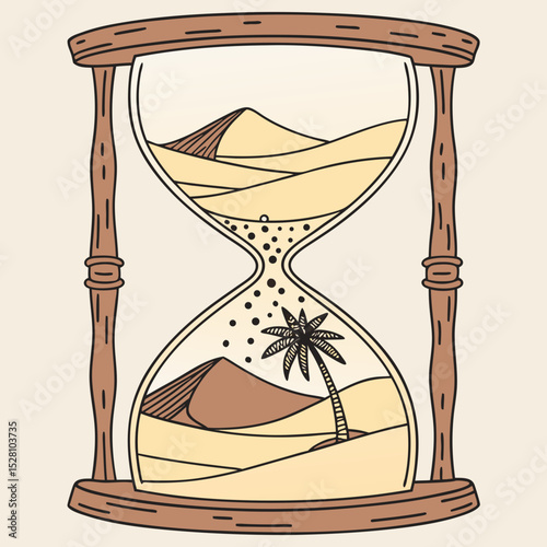 Vector desert contained in hourglass: Falling sand grains (dots) above, flat dunes below. Miniature palm tree. Wooden stand. Limited 5-color palette