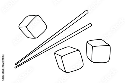 Line drawing of chopsticks and three tofu cubes