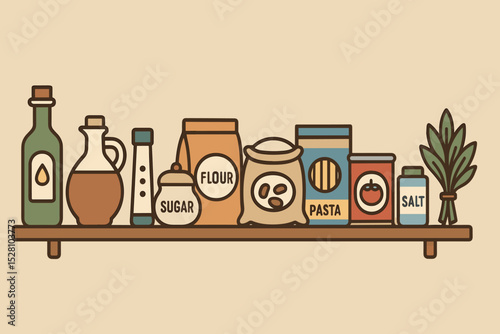 Kitchen shelf displaying various cooking ingredients in vintage style