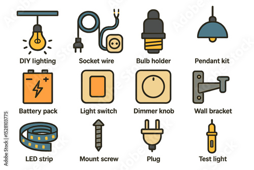 Diy lighting components: socket wire, bulb holder, battery pack, led strip, wall bracket