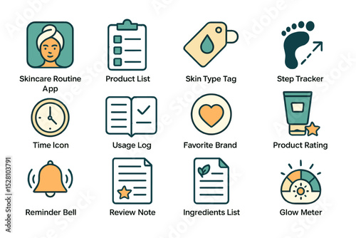 Skincare routine app interface with icons for product list, skin type, and tracking features