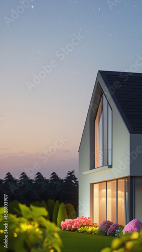 A modern house with large lit windows, set in a garden full of colorful flowers and greenery, under a starry twilight sky.
