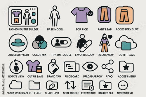 Fashion outfit builder interface with clothing icons and wardrobe features