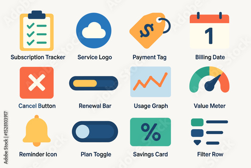 Subscription management icons featuring payment tools and usage analytics