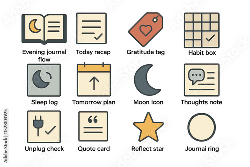 Daily planner icons: journal, gratitude, habit, sleep, thoughts, unplug, quote, star