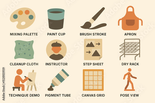 Art class tools and techniques: palette, brush, apron, and more