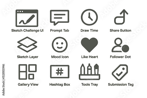 Icon set for ui: sketch tools, social features, mood indicators, clock, and share