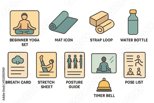 Beginner yoga essentials set with mat, strap, bottle, and guides