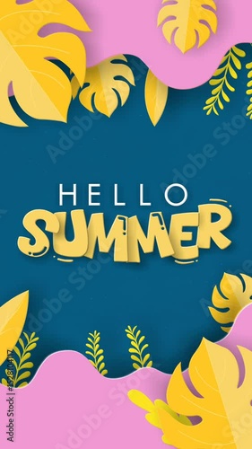 Looping vertical summer animation with bold “Hello Summer” text, tropical leaves, and pink waves over a starry blue background. Perfect for seasonal promos, stories, and festive intros.