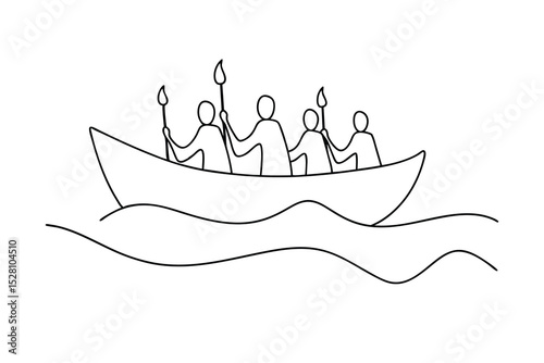 Simple line drawing of people in a boat on water