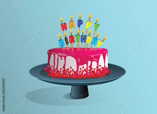 Creamy happy birthday pink cake with candle Vector Illustration