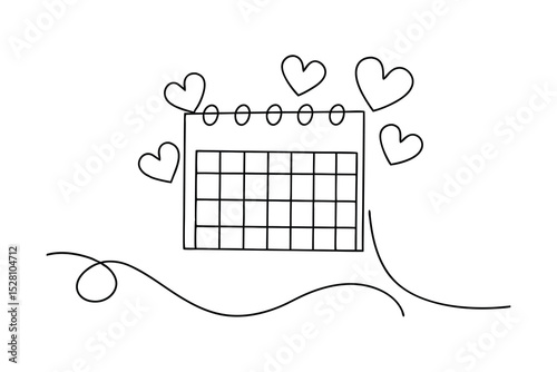 Cute calendar line drawing with hearts romantic planner