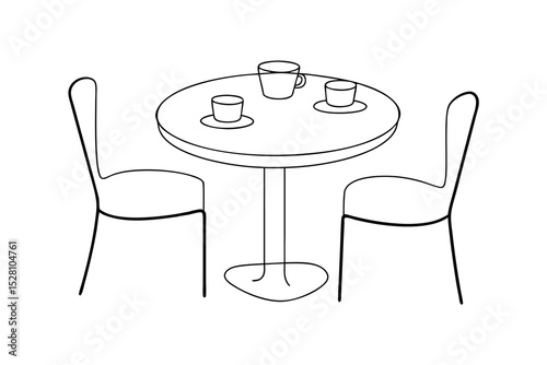 Simple line drawing of a table and two chairs with cups
