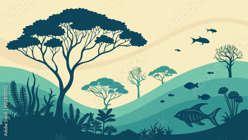 Submerged rainforest with marine life. Flat green tree silhouettes floating among teal waves. Coral-shaped bushes, fish as 'birds'. Gradient seafloor from sand to deep blue. Dreamlike aquatic fusion.