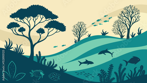 Submerged rainforest with marine life. Flat green tree silhouettes floating among teal waves. Coral-shaped bushes, fish as 'birds'. Gradient seafloor from sand to deep blue. Dreamlike aquatic fusion.