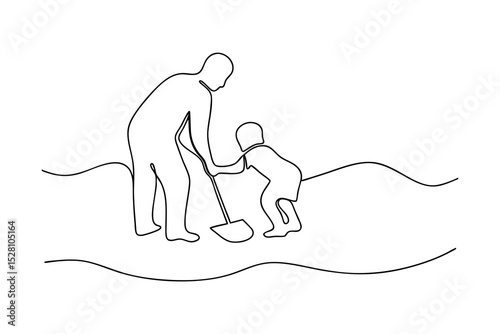 Father and son working together line drawing illustration