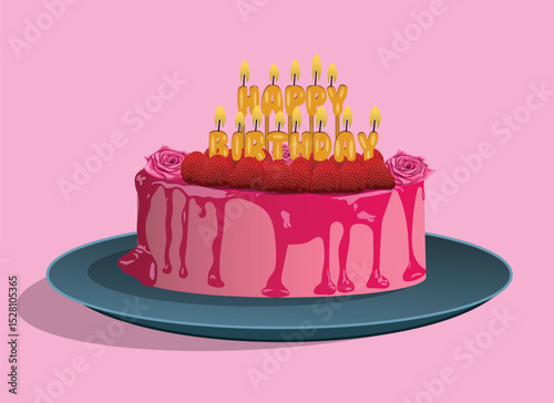 Creamy happy birthday pink cake with candle Vector Illustration