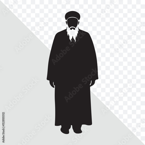 Figure of Wisdom: A solemn figure in traditional attire, silhouetted against a plain backdrop, represents wisdom, knowledge, and historical roots. This design evokes a sense of reverence and respect.