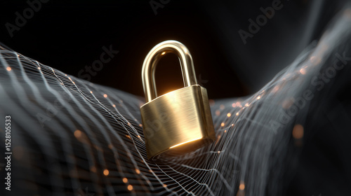 High-Quality 3D Illustration of a Golden Padlock Surrounded by Digital Lines Representing Security and Protection in the Cyber World