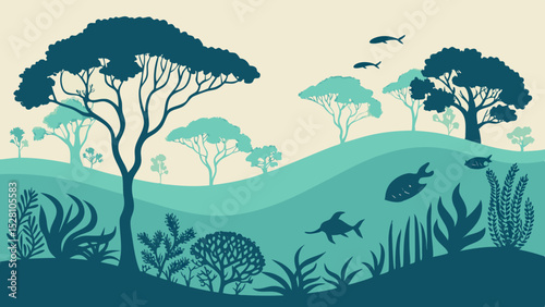 Submerged rainforest with marine life. Flat green tree silhouettes floating among teal waves. Coral-shaped bushes, fish as 'birds'. Gradient seafloor from sand to deep blue. Dreamlike aquatic fusion.
