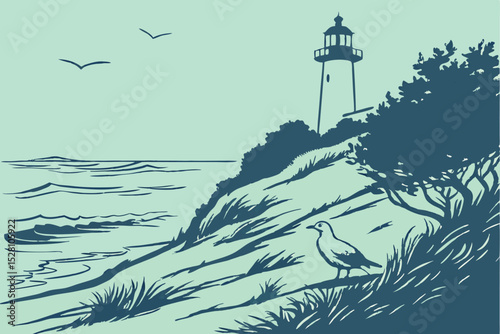 Seascape with lighthouse and seagulls. Vector illustration