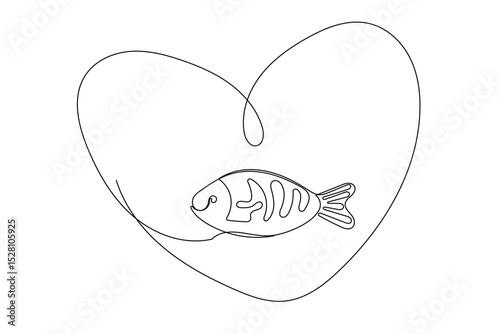 Line Art Fish Symbol. One Continuous Outline Drawn Contour Marine Animal. Underwater Mascot Sign. Healthy Fresh Diet Mediterranean Food Ingredient.  Aquatic Wild Fish Sea Animal.