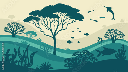 Submerged rainforest with marine life. Flat green tree silhouettes floating among teal waves. Coral-shaped bushes, fish as 'birds'. Gradient seafloor from sand to deep blue. Dreamlike aquatic fusion.