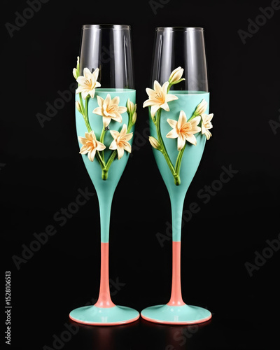 Two   elegant   wine glass     for champagne with decorative turquoise and gold details on a black background
