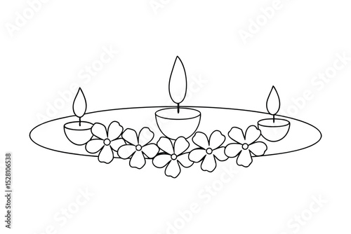 Three candles and flowers on a tray line drawing