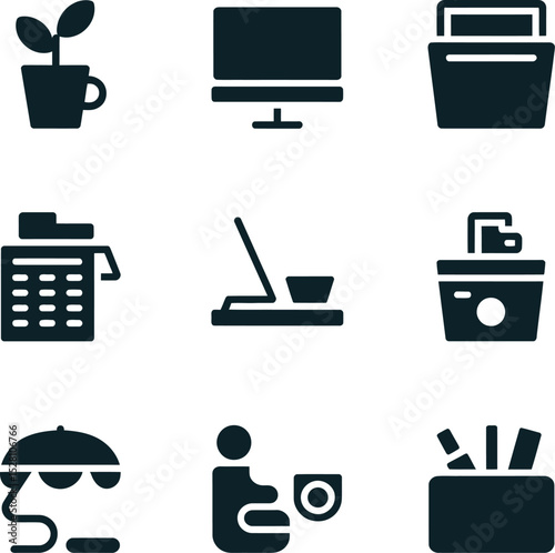 Collection of office and personal icons including plant computer and umbrella