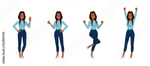 Black businesswoman with long wavy hair wear blue shirt character vector illustration design set. Women express positive emotions happiness, pride, joy.