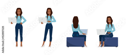 Black businesswoman with long wavy hair wear blue shirt character vector illustration design set. Women working with laptop in office.