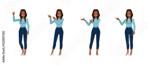 Black businesswoman with long wavy hair wear blue shirt. Women point finger flat character vector illustration design set.