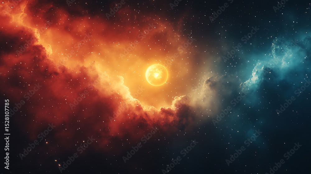 Fototapeta premium Celestial Fire and Ice A Cosmic Nebula with a Bright Star