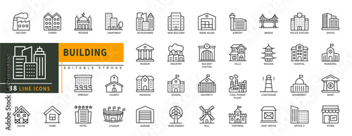 Minimalist Building line icons set with editable stroke, featuring factory, mosque, apartment, stadium, skyscrapers, museum, school, university, church, mill, wind, pagoda, thin linear illustration.