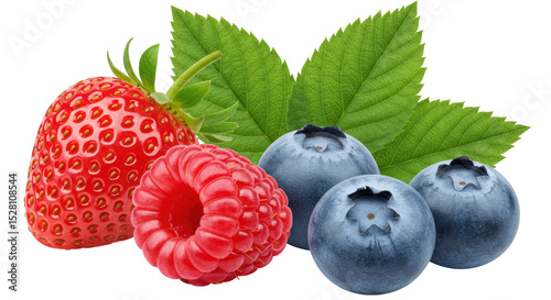 Quadro su tela Isolated Fresh Mixed Berries Strawberry Raspberry and Blueberries