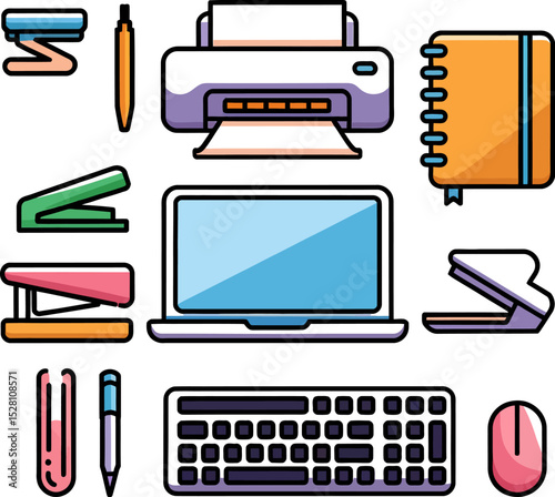 Illustration of office supplies including laptop printer and stationery items