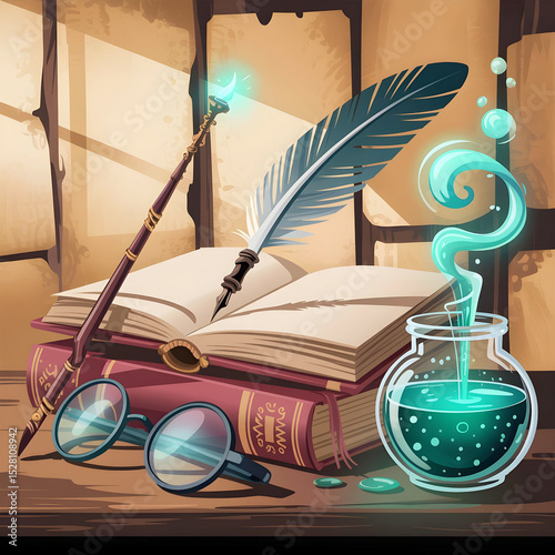 An enchanted tabletop scene features a magic wand and a feather quill resting on open spellbooks, alongside a glowing potion bottle, magnifying glass photo